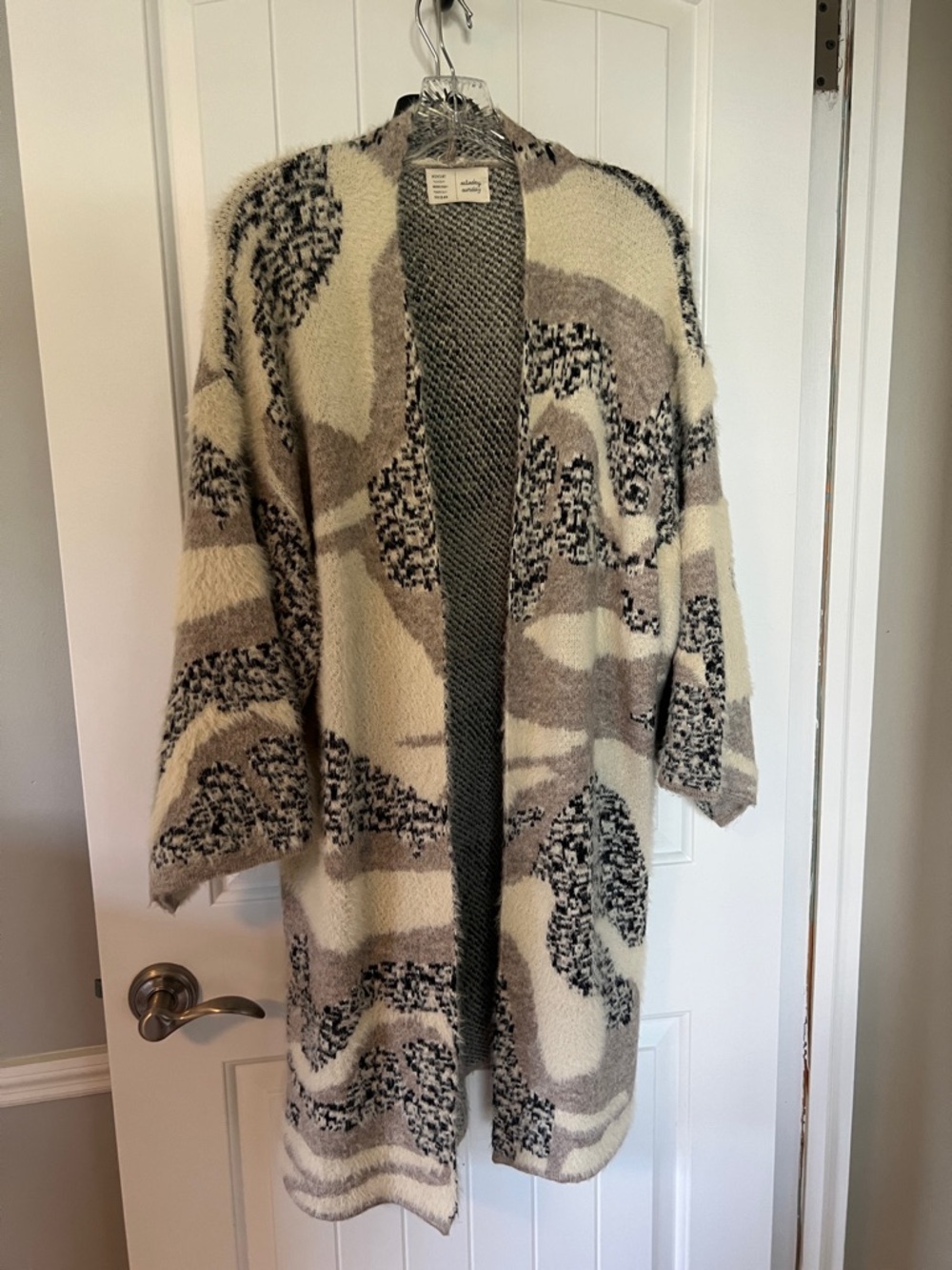 Open-Front Cream and Gray Patterned Women's Cardigan Sweater